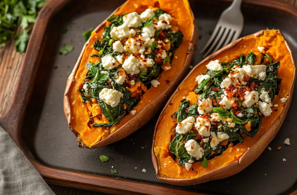 Feta and spinach stuffed sweet potatoes garnished with parsley