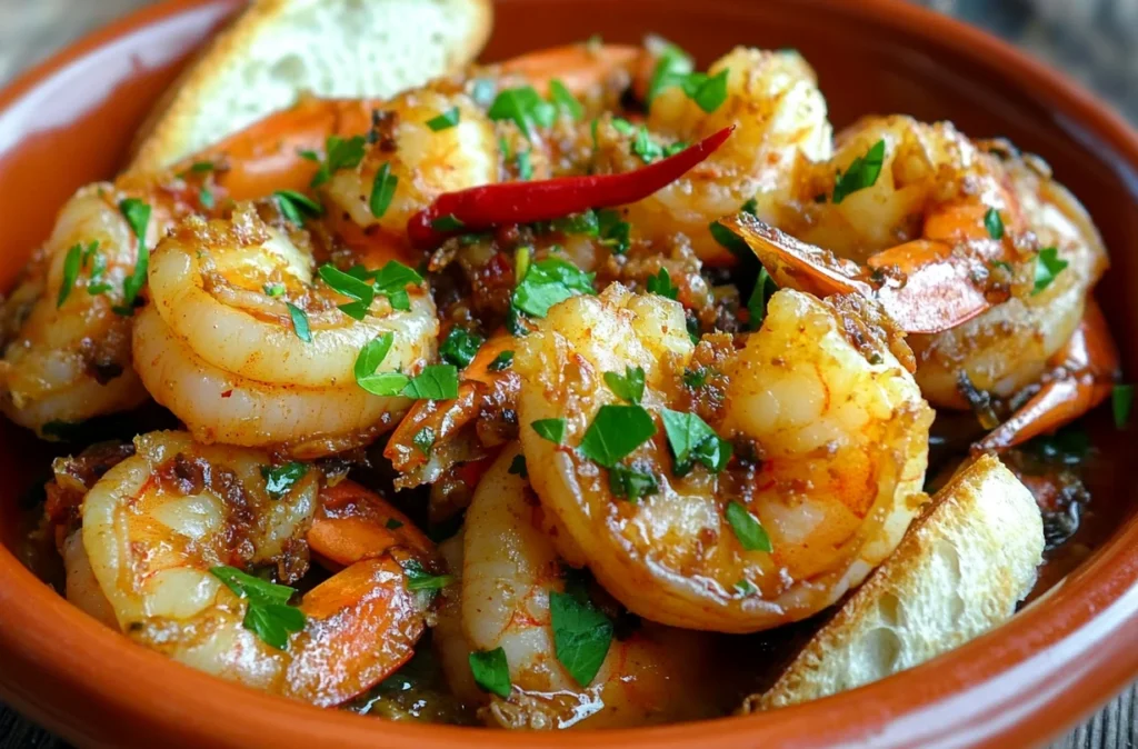 Savory shrimp dish served with crusty bread