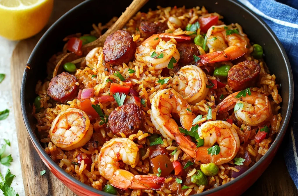 Savory one pot shrimp and sausage meal ready to be served