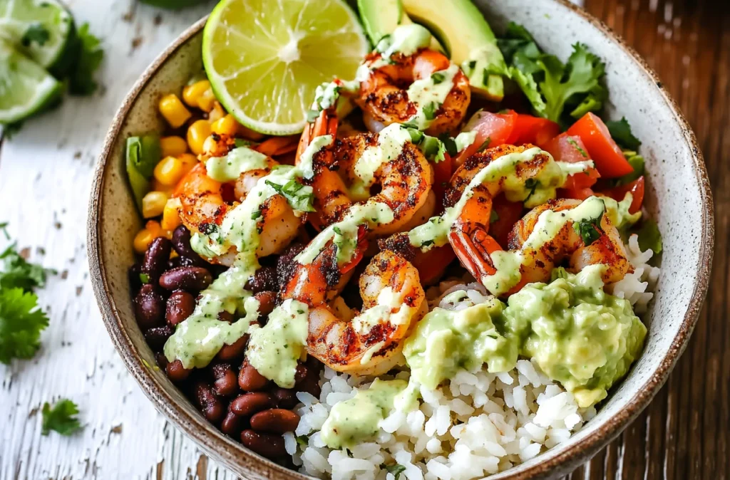 A colorful shrimp burrito bowl featuring shrimp, rice, and avocado lime sauce