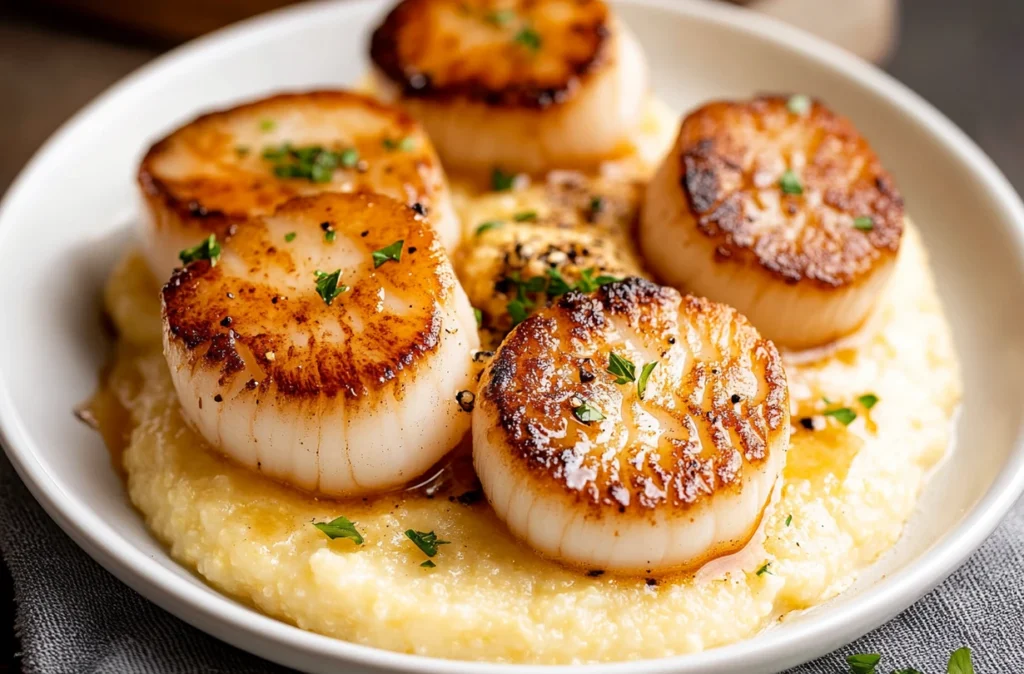 Garlic butter scallops plated over creamy polenta with parsley garnish