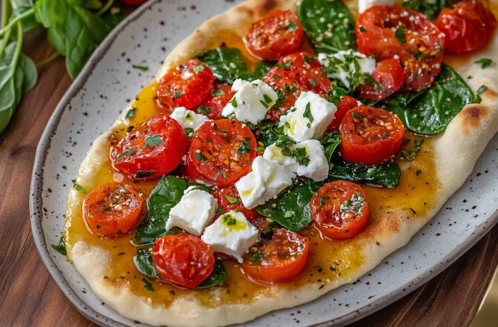 A slice of Mediterranean breakfast flatbread showcasing rich colors and textures.