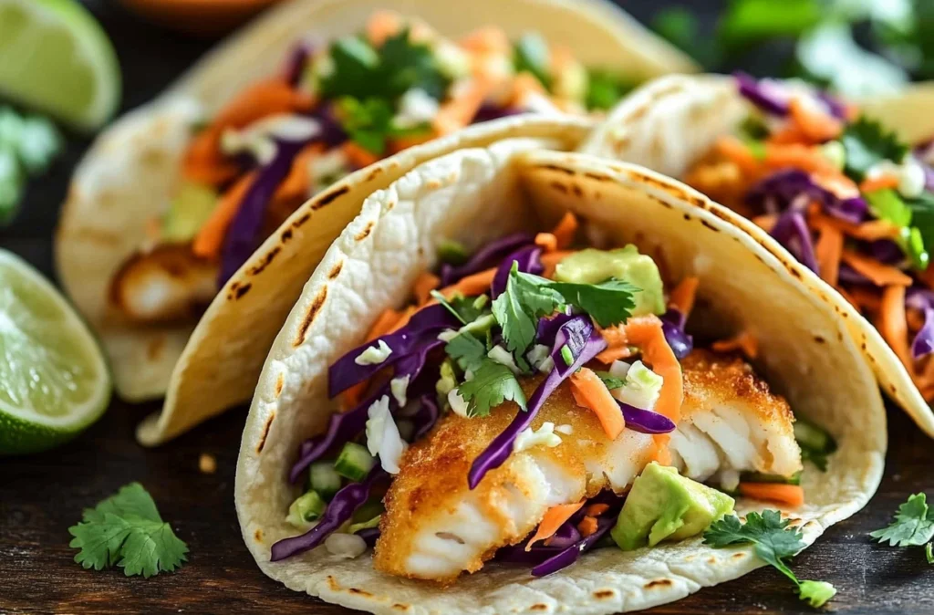 Healthy fish tacos ready for a tasty meal with lime and veggies