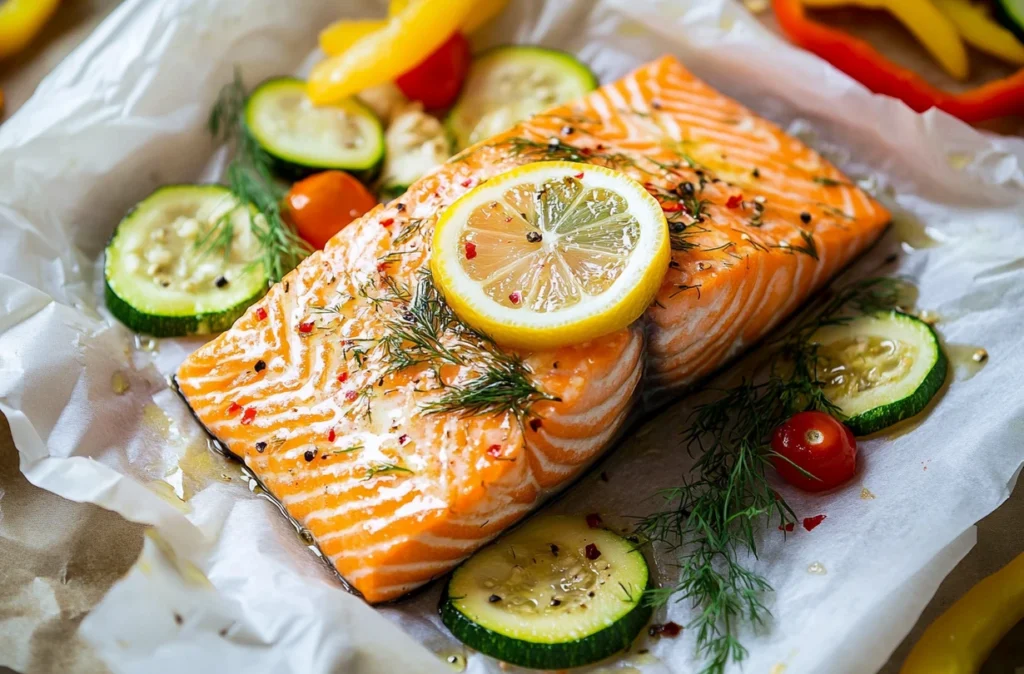 Healthy salmon en papillote with herbs and lemon