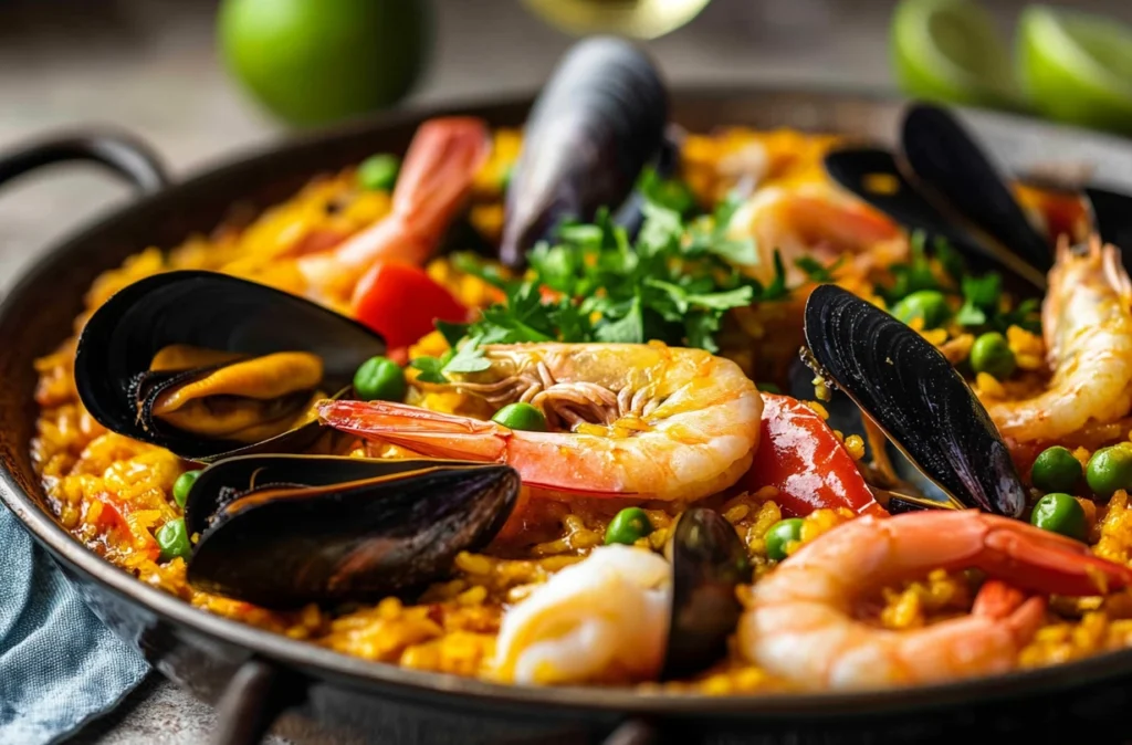 Bowls of delicious seafood paella garnished with parsley and lemon wedges