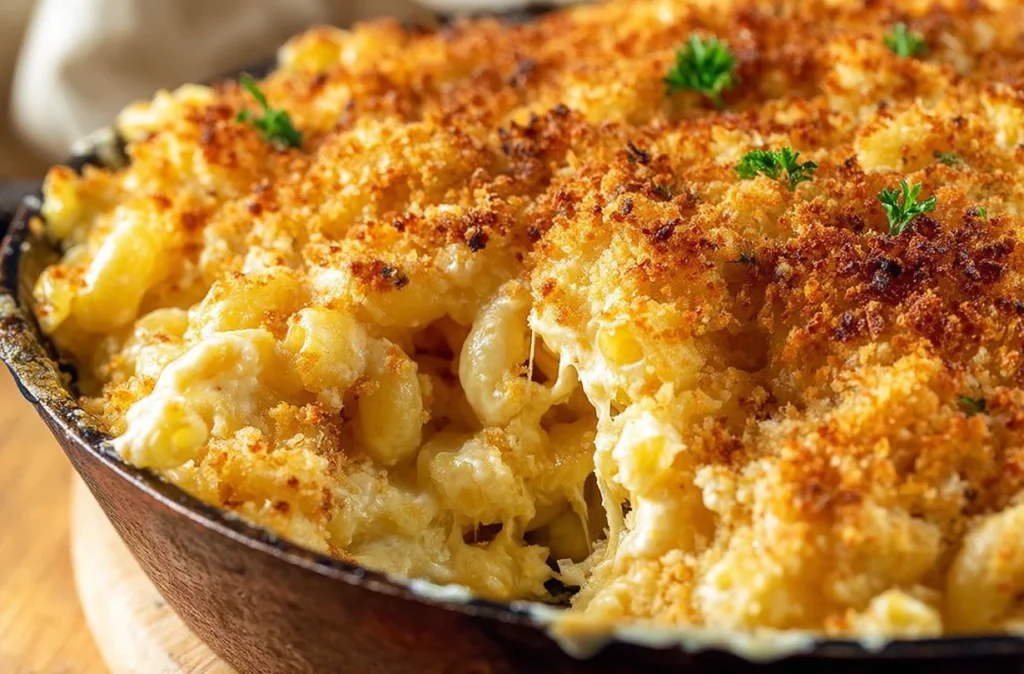Creamy mac and cheese topped with golden breadcrumbs, ready to be served.