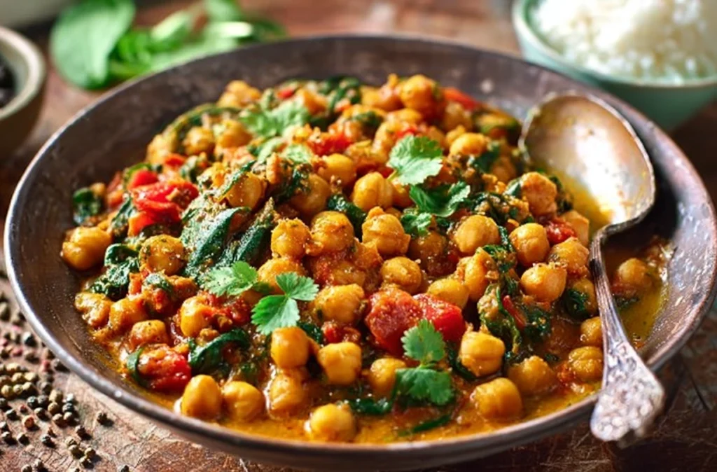 Aromatic curry dish with chickpeas and spices garnished