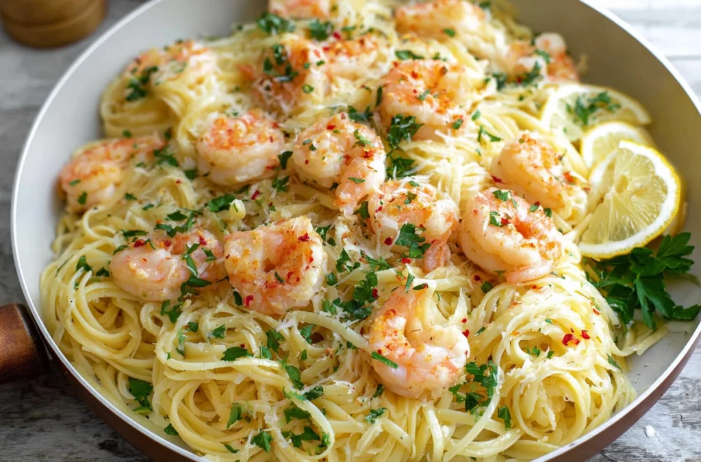 Lemon Butter Shrimp Pasta garnished with parsley and red pepper flakes