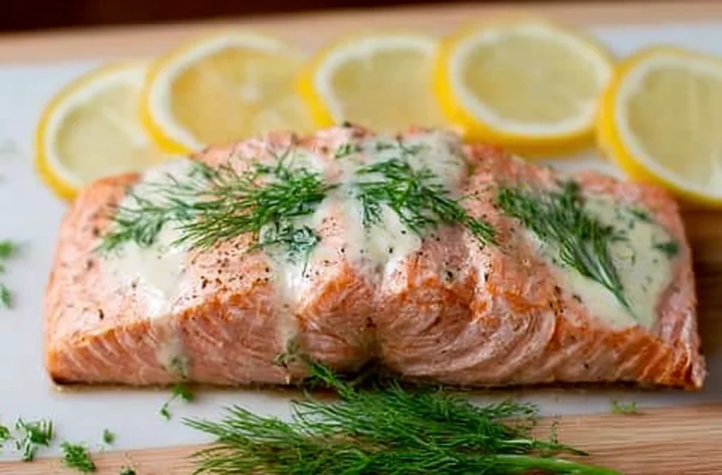 Stunning presentation of sous vide salmon garnished with lemon and dill