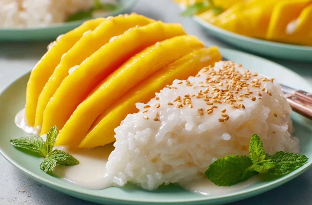 Traditional dessert: mango sticky rice topped with coconut milk and sesame seeds