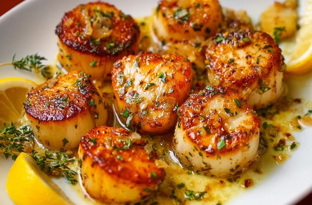 Freshly cooked scallops in a skillet with garlic and butter