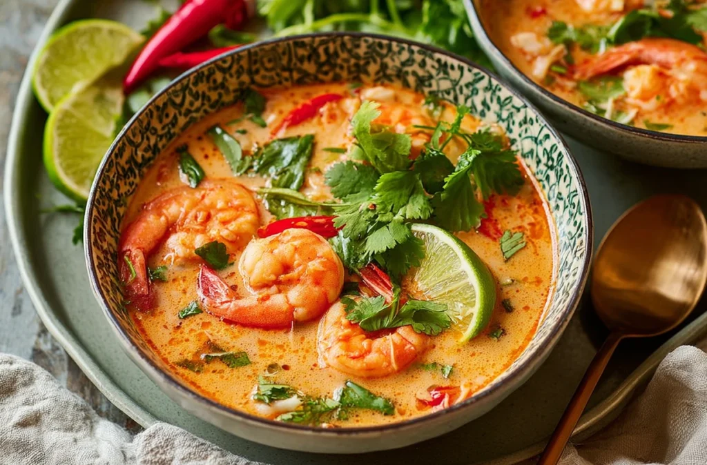 Comforting shrimp soup garnished with green onions and cilantro on a rustic table