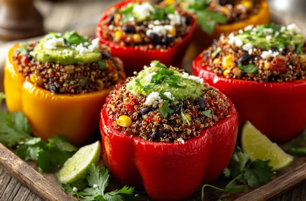 Nutritious quinoa stuffed bell peppers garnished with cilantro
