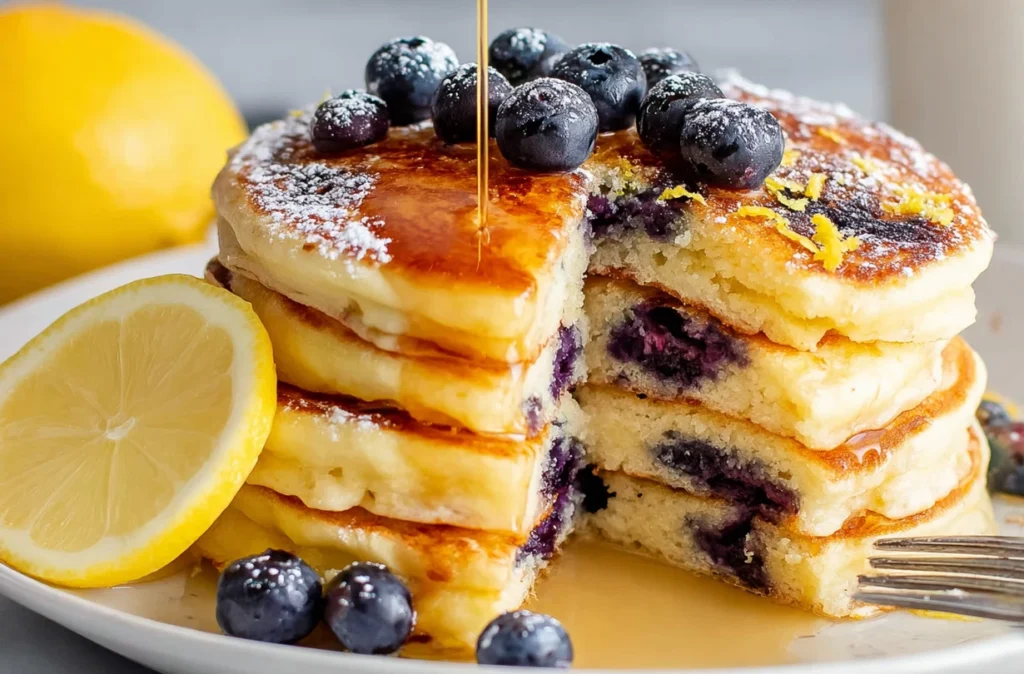 Fluffy pancakes topped with fresh blueberries and lemon zest