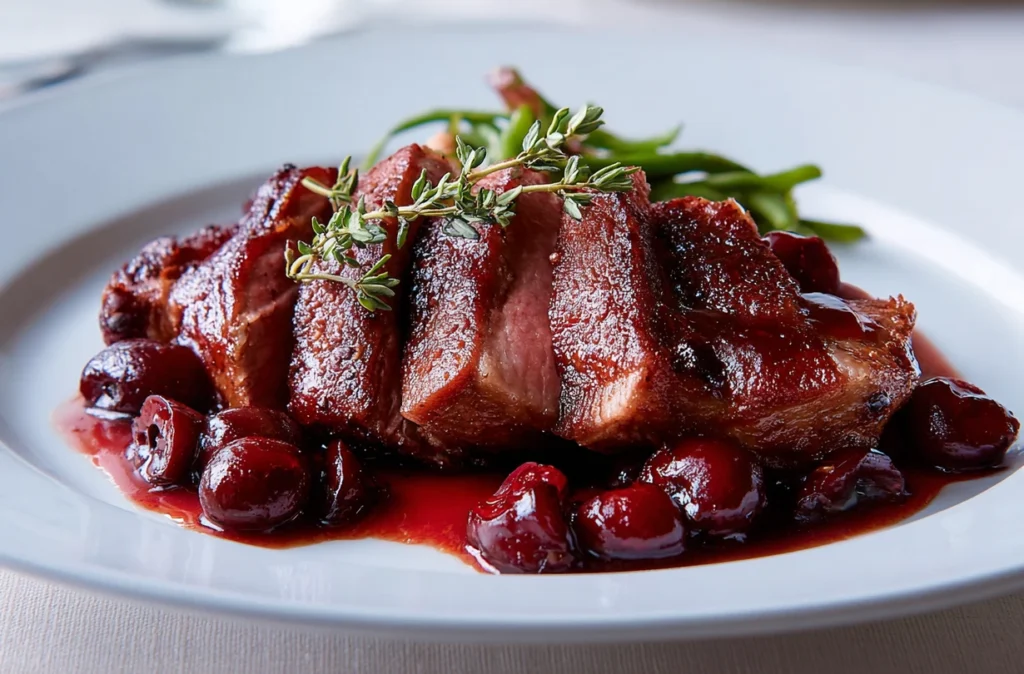 Cooked duck breast garnished with thyme and topped with cherry sauce