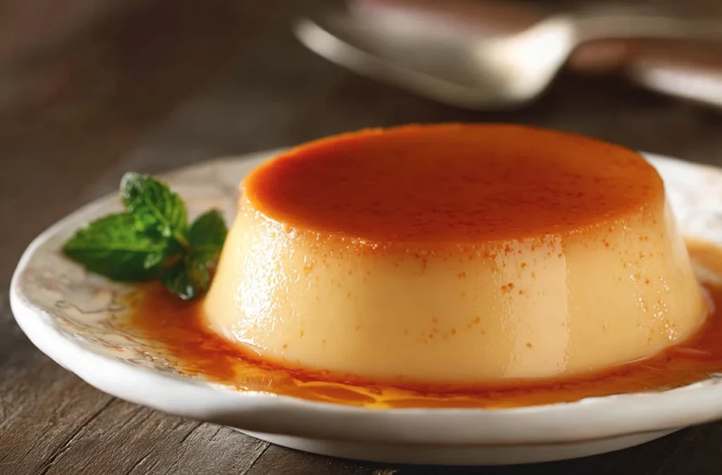 Baking dish of homemade vanilla flan in a water bath