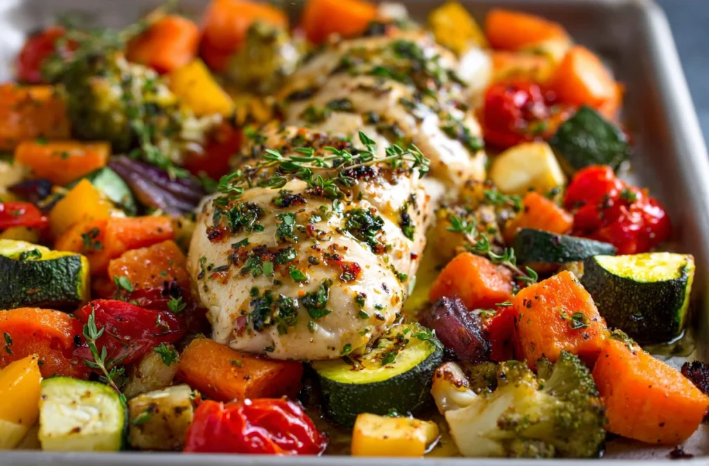 Oven-baked garlic herb chicken with mixed vegetables garnished with parsley