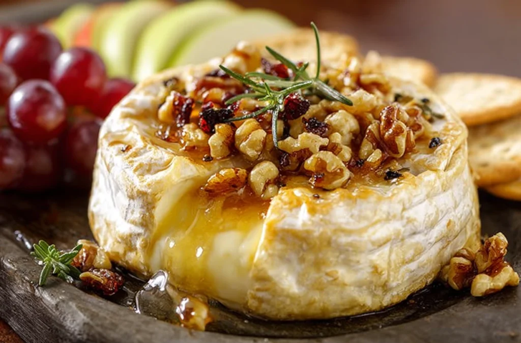 Melted brie with honey and nuts on a baking dish ready to be served