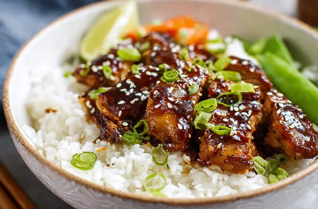 Healthy teriyaki chicken bowl served with fresh veggies