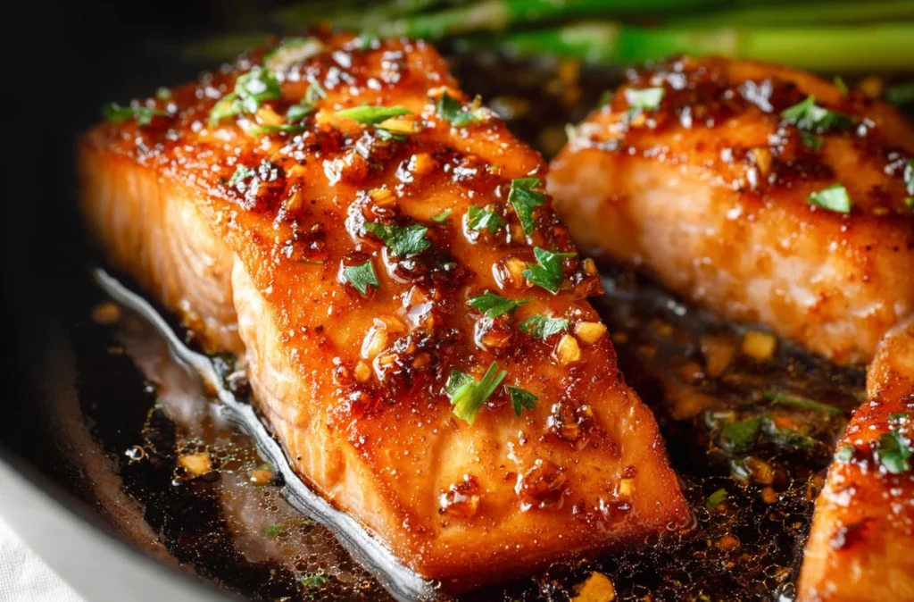 Honey garlic glazed salmon on a plate garnished with green onions