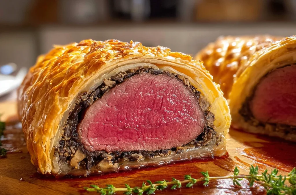 Close-up of a Beef Wellington garnished with fresh herbs