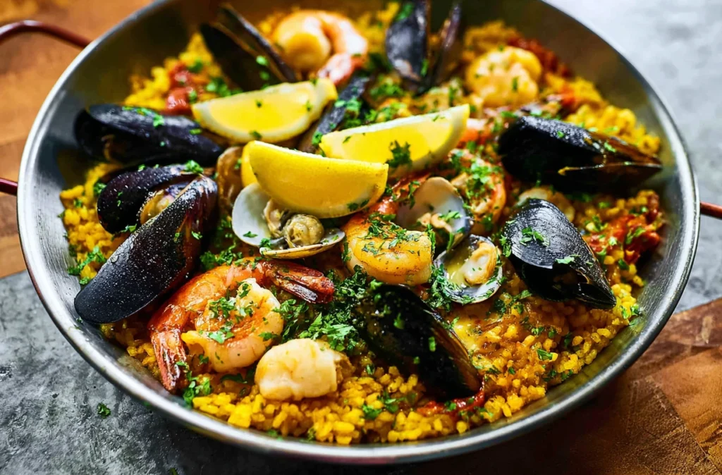 Close-up of a vibrant saffron paella filled with seafood and vegetables.