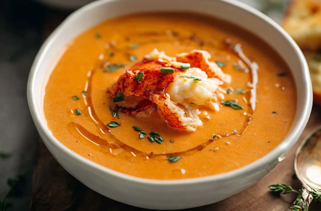 Close-up of a delicious lobster bisque ready to be served