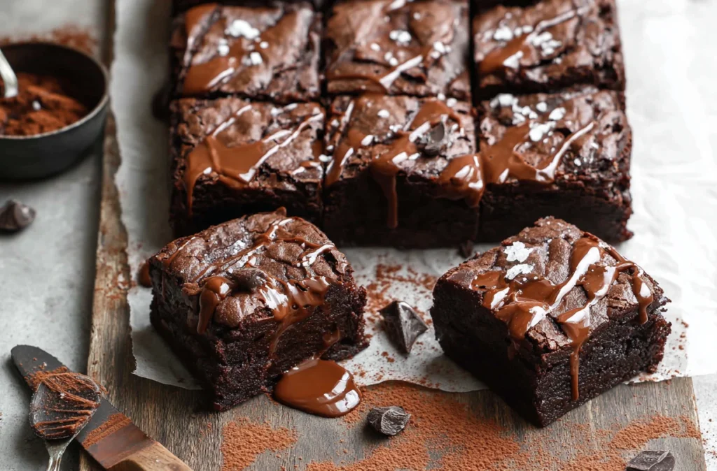 A tray of freshly baked triple chocolate brownies