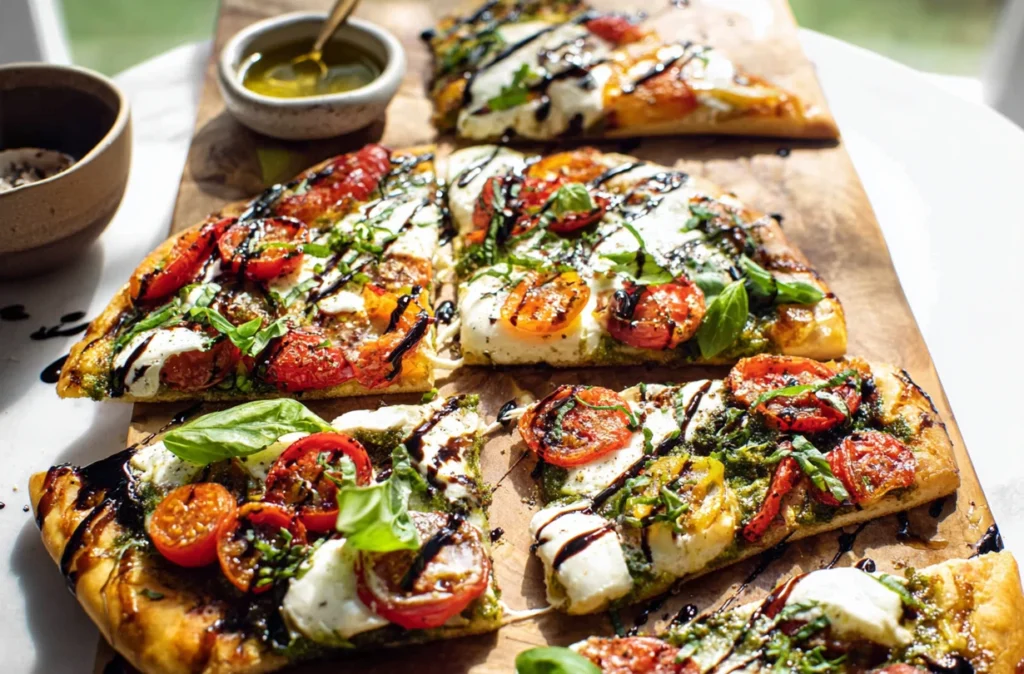 Baked flatbread pizzas with vibrant ingredients and balsamic glaze